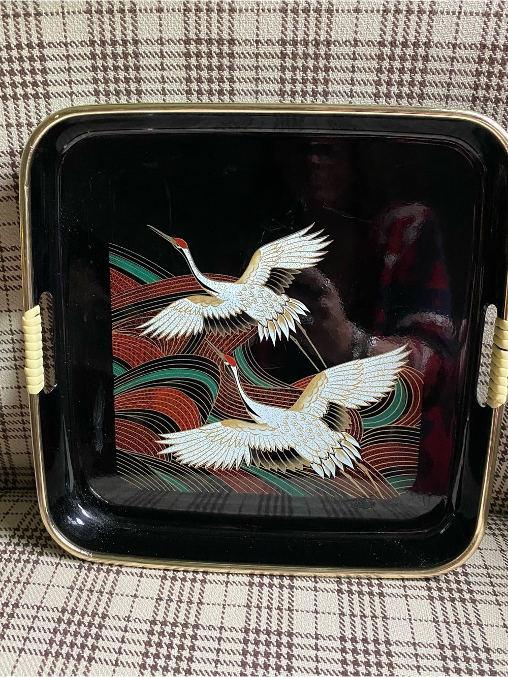Decorative Black Crane Serving Tray with Gold Accents